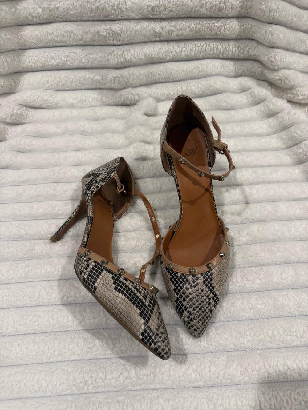 Snake-Print Pointed Toe Stud Ankle Strap Heels - Brown/Black